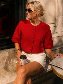 Elegaris Women's Knit Short Cardigan Sweater, Fashion Casual Beige Button Short Sleeve Top Summer Red - Red - View 3