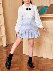 Back To School Season Girls' Fashion Elegant Ruffle Blouse And Plaid Pleated Skirt Set - Baby Blue - View 3