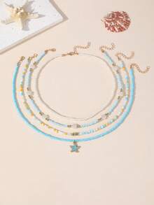 4pcs/Set Girls Rice Bead Pearl Heart & Starfish Necklace Set, Suitable For Daily Decoration - Baby Blue - View 6