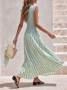 Grün gestreiftes Maxikleid, Damen Rüschen Stehkragen ärmellos geraffte Taille fließend A-Linie Sommerurlaub Sommerkleid - Verschiedenfarbig - Übersicht 2