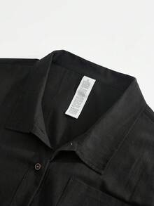 Men's Pure Black Textured Linen Button-Down Shirt, Casual Lapel Long Sleeve Pocket Shirt, Summer Vacation Daily Wear - Black - View 6
