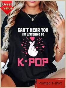 Damen K-Pop Korean Wave T-Shirt K-Drama Fan Tee mit koreanischem Text Herz-Hände-Zeichen Rosa K-Pop Logo Stil Buchstaben Lässig Kurzarm Rundhals Top für - Schwarz - Übersicht 1