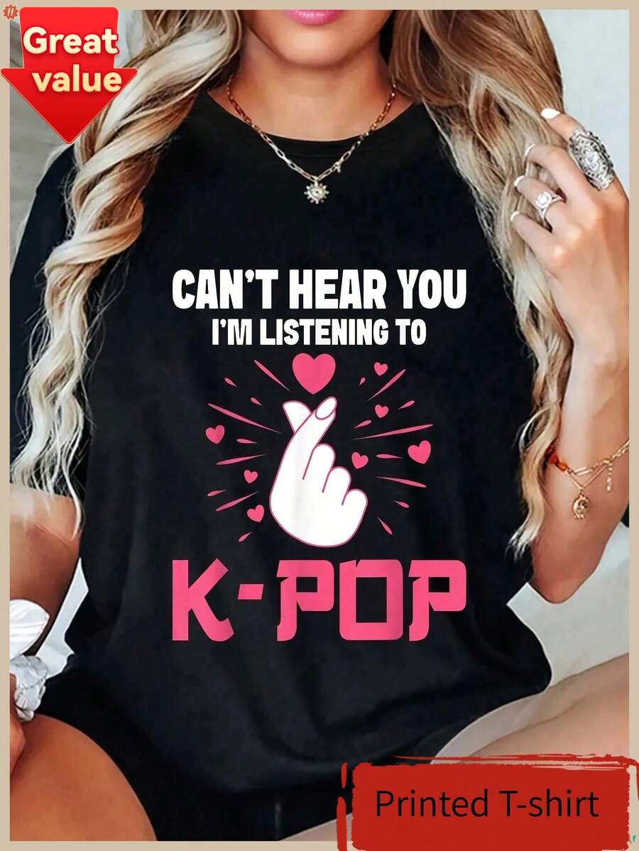 Damen K-Pop Korean Wave T-Shirt K-Drama Fan Tee mit koreanischem Text Herz-Hände-Zeichen Rosa K-Pop Logo Stil Buchstaben Lässig Kurzarm Rundhals Top für - Schwarz - Übersicht 1