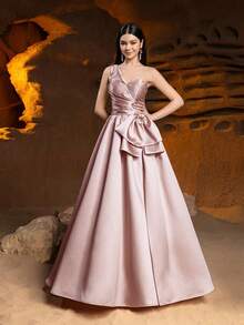 Alisa&Leo Satin Formal Dress For Teenage Girls - One Shoulder Design, Front Pleats, Waist Bow And Back Tie - Flowing Long Skirt - Suitable For Prom, Birthday Party, Wedding And Formal Events - Champagne - View 11