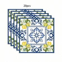 10/20/50件組 地中海藍色瓷磚檸檬一次性餐具，藍白花卉檸檬圖案紙盤與紙杯，藍色陶瓷紋檸檬花卉紙盤杯，義大利夏季新娘婚前派對用品 - 彩色 - 查看 10