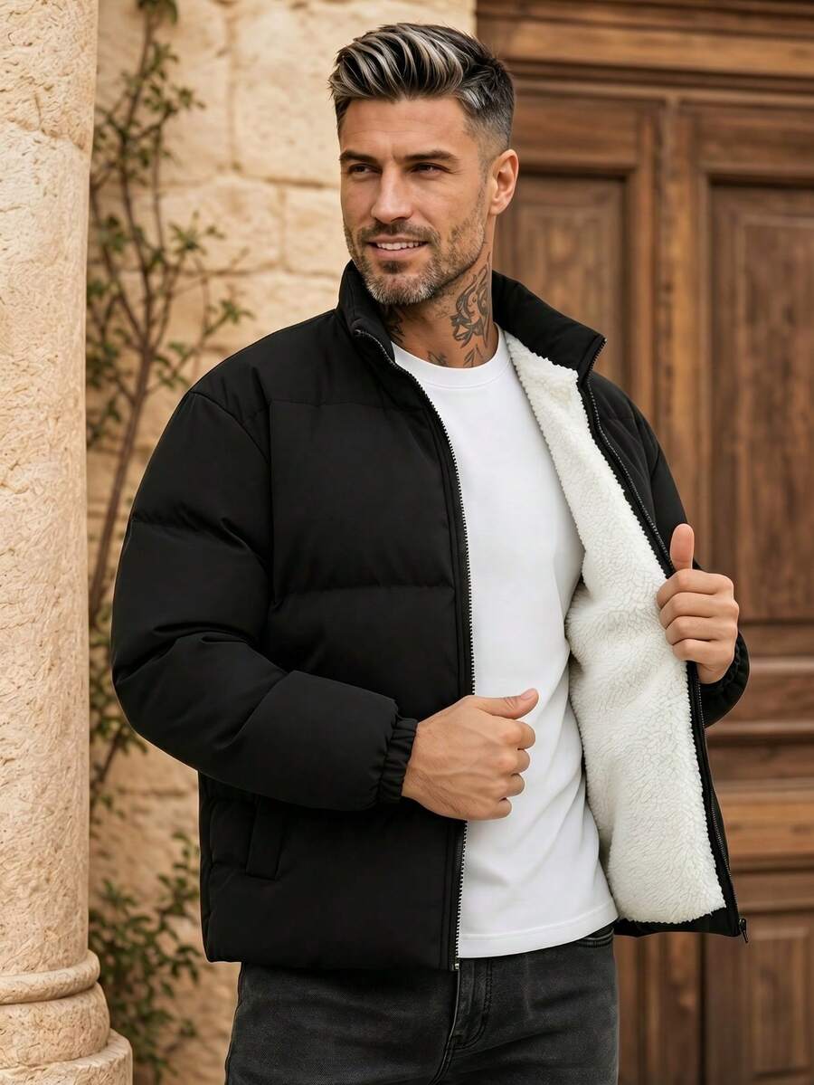 Men's Casual Stand Collar Solid Color Thermal Lined Padded Coat, Winter - Black - View 1