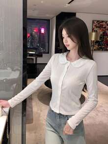 Cardigan Lengan Panjang Kerah Peter Pan Putih Gaya Korea untuk Wanita, Atasan Dalaman Musim Semi dan Gugur dengan Desain Kerah Lipat, Potongan Ramping. - Putih - View 4