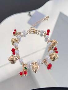 1pc Cute Cherry Bracelet, Elegant Faux Pearl Hand Accessory, Sweet Versatile Jewelry - Gold - View 2