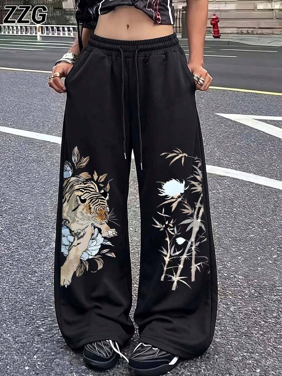 ZZG 春夏女款趣味「花虎」個性圖案印花街頭風黑色前口袋簡約日常直筒長褲 - 黑色 - 查看 1