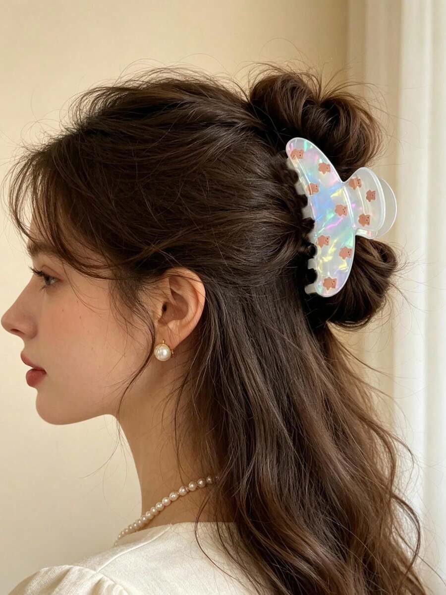 1pc Women's Holographic Laser Bear Print Claw Clip, Cute Girl Medium Size Hair Claw For Back Of Head Updo, Minimalist Hair Accessory - Multicolor - View 1