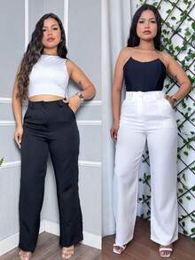 Kit Of 2 Women's Tailored Wide Leg High-Waisted Straight-Leg Trousers, Elegant Office Casual Pants With Pockets - 黑白套裝 - 查看 1