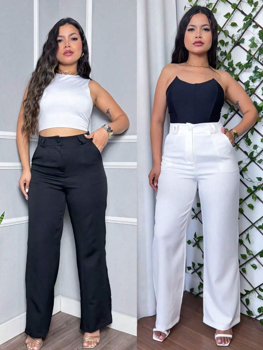Kit Of 2 Women's Tailored Wide Leg High-Waisted Straight-Leg Trousers, Elegant Office Casual Pants With Pockets - 黑白套裝 - 查看 1