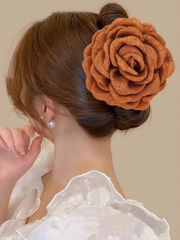1 pieza Pinza para el cabello de mujer de unicolor, estilo bohemio elegante, de poliéster, con flor de rosa, pinza grande para recogido, adecuada.