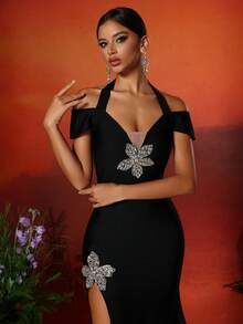 Love Aing Elegant Women's Off-Shoulder Mermaid Dress With Sexy High Slit And Integrated Handmade Rhinestone Decoration; Suitable For Cocktail Parties, Formal Dinners And Balls As A Charming Gown, Also Suitable As A Luxurious Bridesmaid Dress And Wedding Guest Attire - Black - View 6