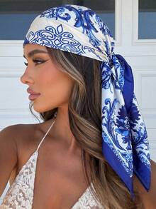 1PC Women's 2026 Spring/Summer Fashion Palace Style Luxurious Geometric Satin Print Bandana, Versatile For Daily Wear - White and Blue - View 4