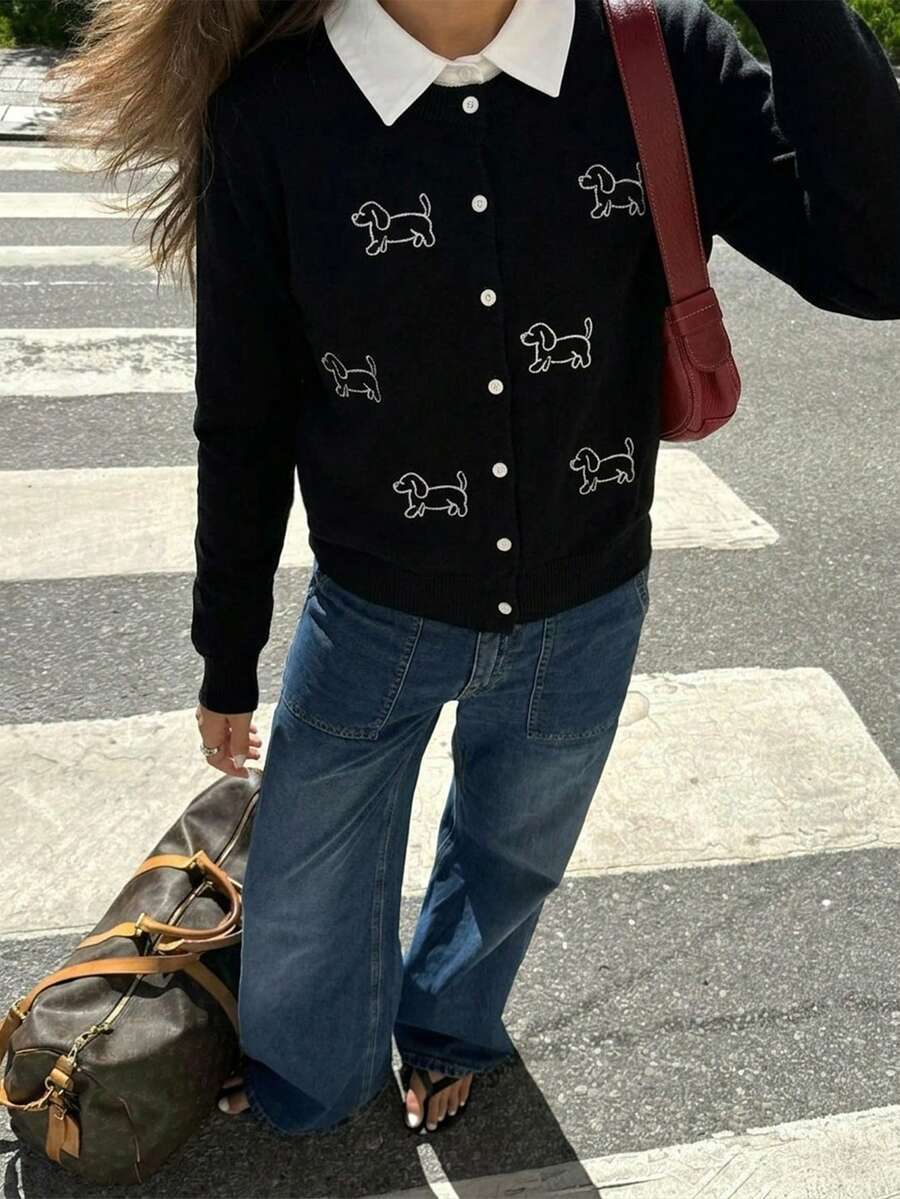 Women's Black Dog Embroidery Button Front Knit Cardigan With Contrast White Collar, Long Sleeves, Cute Vintage Casual Fall Sweater For Everyday Wear