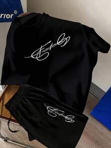 Teen Boy Fashionable Round Neck Short Sleeve Shirt And Shorts Set With New York City Print, Low-Key Premium Black Sports Two Pieces Set, Easy To Wear For Outdoor Travel; This Summer Casual Knitted Short Sleeve T-Shirt And Shorts Set Also Has Letter Print Pattern. Summer Boy's Solid Color Short Sleeve Shorts Set, Loose Round Neck Casual Two Pieces Set, Versatile Sports Set, Fits All Body Types, Versatile Black Set - Black - View 3