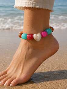 1pc Personalized Random Color Resin Beaded Heart Women's Elastic Anklet, Suitable For Beach Vacation, Party Gathering - Style 2 - View 2
