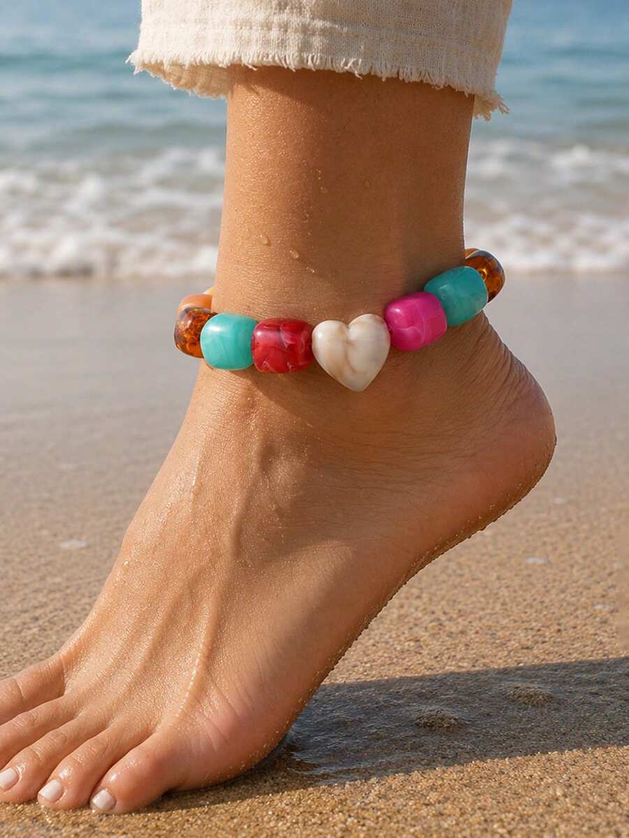 1pc Personalized Random Color Resin Beaded Heart Women's Elastic Anklet, Suitable For Beach Vacation, Party Gathering