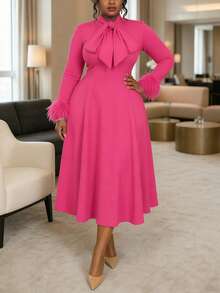 Elegant Women's Mid-Length Dress With Feather Trim Sleeves And Bow Collar Details - Hot Pink - View 5