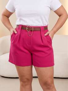Short Plus Size Social Tailoring With Elegant Belt High Waist - Hot Pink - View 5