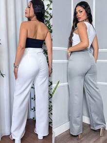 Kit Of 2 Women's Tailored Wide Leg High-Waisted Straight-Leg Trousers, Elegant Office Casual Pants With Pockets - 米白色和灰色套裝 - 查看 2