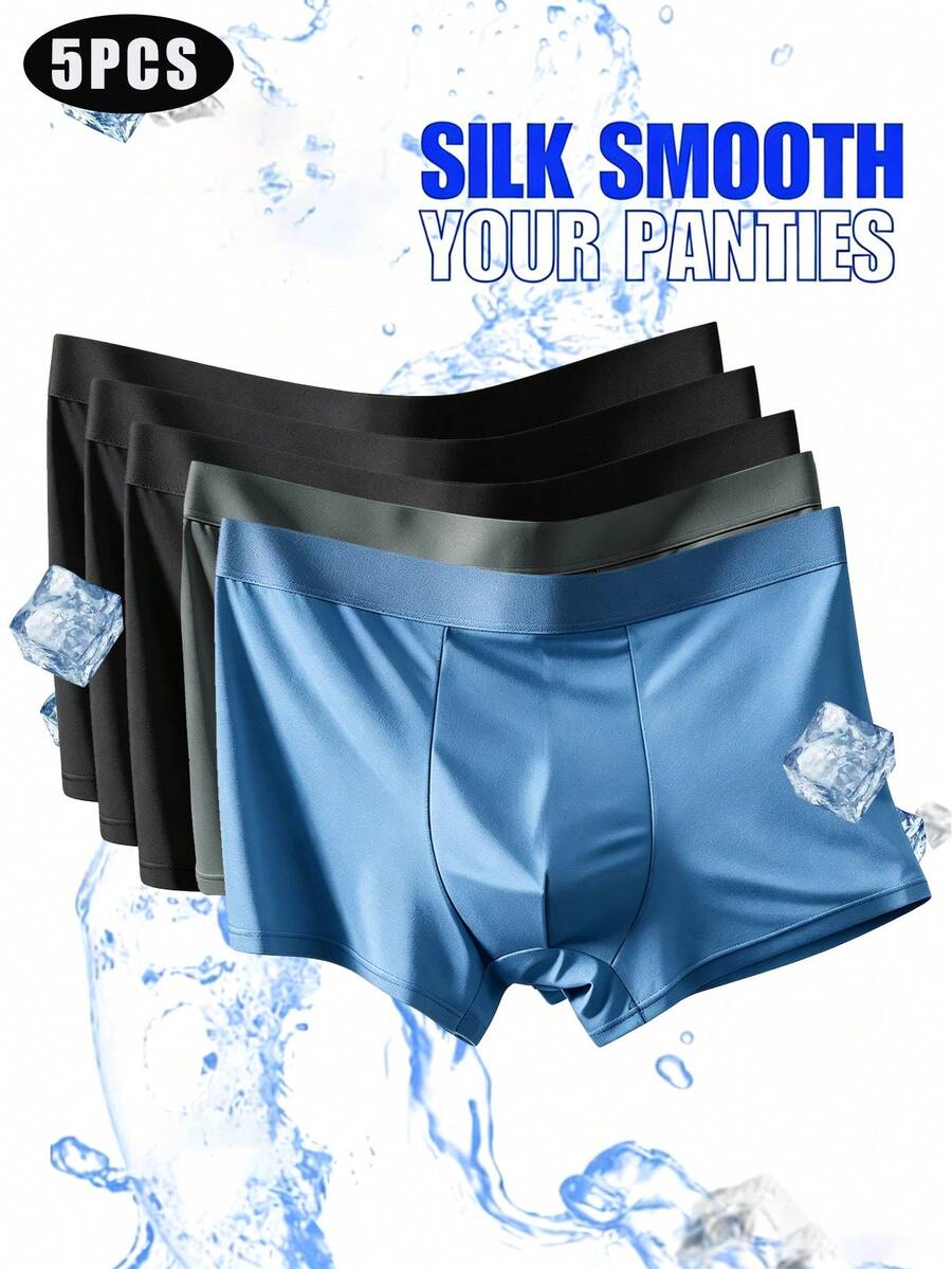 Bộ 5 quần boxer nam chất liệu lụa pha, màu trơn, dùng làm đồ lót và đồ ngủ.