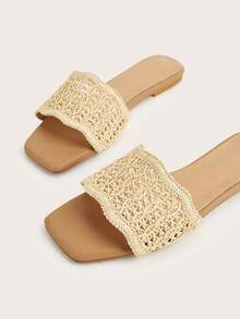 Bohemian Beach Vacation Style Open Toe Open Heel Apricot Slip-On Crochet Linen Slip-On Flat Sandals - Apricot - View 4