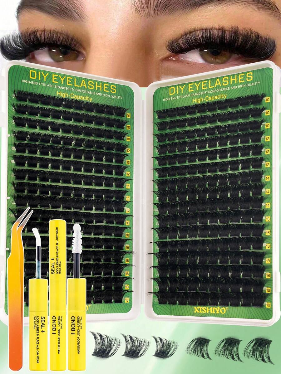 Kit d'extension de cils DIY (comprend l'option 384 grappes), boucle D, couvre 260D à 300D, spécifications multiples; le kit comprend de la colle à cils et du liquide de fixation, des outils d'application, convient pour créer un maquillage de cils exquis en DIY