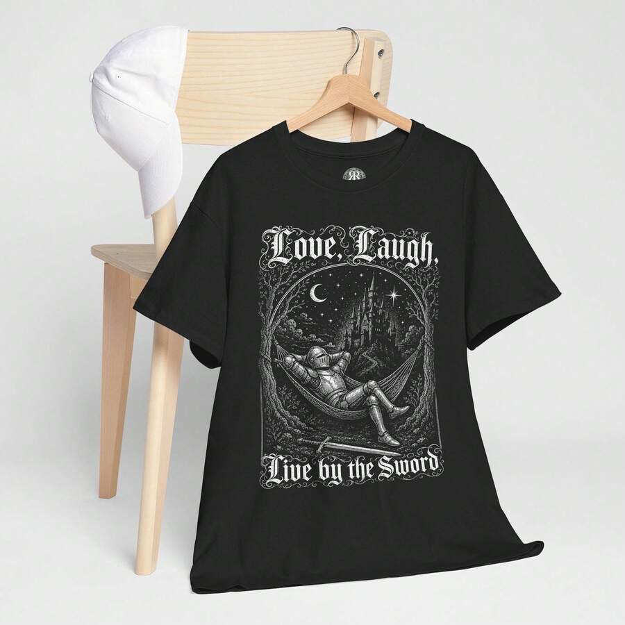 Liebe  Lachen  Lebe am Schwert Shirt: Mittelalterlicher Ritter Fantasy T-Shirt Y2k Y2k - Schwarz - Übersicht 1