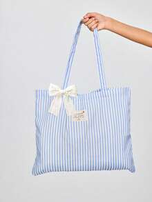 Vintage Striped Canvas Tote Bag, Large Capacity Versatile Striped Shoulder Bag, Suitable For Women's Daily Outings, Shopping And Beach Vacation - Multicolor - View 3