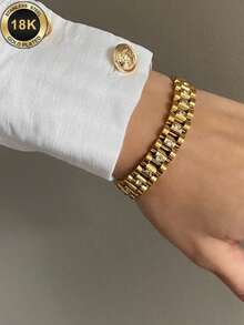 TONSI 1件裝 18cm 防水不鏽鋼水鑽 PVD 金色電鍍粗鏈條手鍊 女款時尚飾品 - 手錶帶手鍊 - 查看 10