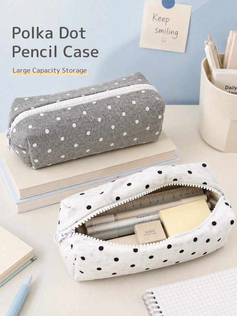 1pc Large Capacity Polka Dot Stationery/Cosmetic Storage Bag, Korean Style Pencil Case, Minimalist Portable Women's Design, Dual Function Desktop Storage And Home Decor, Suitable For School, Office And Travel Multi-Functional Storage Item - Polka Dot Stationery Storage Bag - View 1