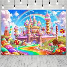 1 Peça Painel de Bottom Reino de Doces, com Pirulitos, Perfeito para Celebração de Aniversário com Tema de Doces Mais Doces, Projetado para Mulheres. Inclui Castelo de Sorvete e Faixa de Festa Arco-Íris - Multicolorido - Visão 2