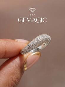 1 pièce Bague incurvée incrustée en argent sterling 925, bijou exquis pour femme, parfait pour le port quotidien, cadeau d'anniversaire, bijou délicat - Bague Micro-Pavé Courbée - Voir 6