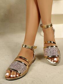 Women's Summer Sequin Flat Sandals, Versatile Rhinestone Ankle Strap Casual Outdoor Open Toe Beach Shoes - Gold - View 6