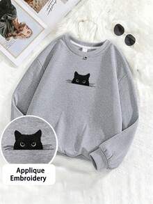 1pc Minimalist Fresh Girl Crew Neck Sweatshirt, Black Cat Applique Embroidery, Soft Autumn/Winter Campus Top - Grey - View 2