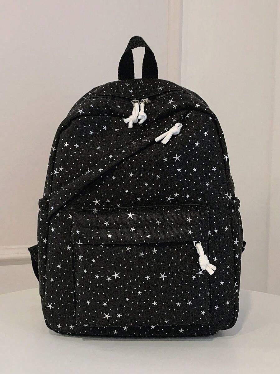 1 pieza Mochila de nailon de gran capacidad para estudiantes, mochila minimalista con estrella para estudiantes universitarios, mochila de nailon, mochila de viaje - Negro - Ver 1