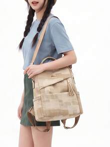 1PC Fashion Classic Canvas Backpack With Textured Fabric And Soft Tassel Pendant, Student Bag With Multiple Compartments, Large Capacity, Can Be Worn As Backpack Or One Shoulder/Crossbody, Lightweight And Burden-Reducing, Suitable For Commuting, Travel, Daily Use, Versatile And Practical Women's Backpack - Multicolor - View 4