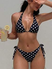 2pcs Polka Dot Elegant Halter Neck Back Tie Open Back Bikini Top With Side Tie Bikini Bottoms, Beach Pool Water Sports Seaside Women's Summer - Black - View 3