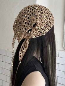 1pc Women's Spring/Summer Lightweight Hollow Sequin Decorated Hand-Woven Hat, Suitable For Spring/Summer/Autumn Daily Outdoor Wear, Sequin, Suitable For Festivals, Travel Occasions - A-large Mesh - View 4