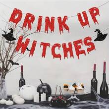 1pc Drink Up Witches Halloween Party Banner, Glitter Letter Banner With Spooky Black Hat Pattern, Perfect For Halloween Celebrations, No Electricity Needed, Halloween Decoration, Plastic Needle Random Color - Multicolor - View 3