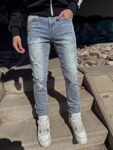 Slim Fit Distressed Stretch Denim Jeans, Blue Wash With Natural Fading And Multiple Frayed Ripped Details, Soft And Elastic Fabric, Creating A Rebellious Vintage Street Style - Blue - View 2