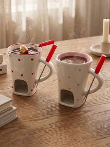 Cute Cherry Heart Ceramic Chocolate Fondue Cup With Fork, Mini Tea Candle Heating Melting Cup, Suitable For Cheese And Butter, Beautiful Personal Dessert Fondue Pot, Romantic Gift For Couples Date Night, Home Kitchen Decor - Multicolor - View 3