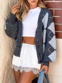 Women's Diamond Pattern Cardigan Sweater, Long Sleeve Button Design, High Elasticity, Regular Length, Suitable For Autumn Wear - Grey - View 5