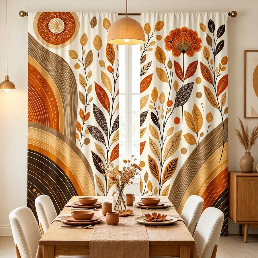 2pcs Boho Autumn Rainbow Leaf Sheer Curtains, 90GSM Privacy Polyester Curtain, Washable Fade-Proof For Home Kitchen Decor & Partition. - Multicolor - View 1