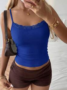 NOIRLYN Women's Tank Top Spring/Summer Y2K Sexy Slim Fit Lace Patchwork Camisole - Royal Blue - View 5