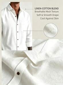 Men's Linen Shirt, Minimalist White Textured Breathable Casual Long Sleeve - White - View 5