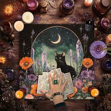 1pc Square Mystical Black Cat Crystal Moon Flower Tarot Altar Cloth Polyester Witchy Divination Table Mat Dual Use Wall Tapestry Cottagecore Aesthetic Room Decor Gift - Multicolor - View 5