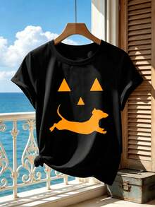 Black T-Shirt With Halloween Dog Motif, Casual, Breathable, Unique Graphic Print - Black - View 2